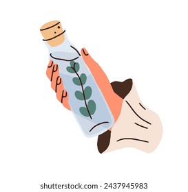 Hand holding infused water in corked glass bottle. Taking fresh cool refreshing drink with green leaf herb. Healthy detox herbal beverage. Flat vector illustration isolated on white background