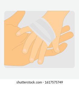 Hand holding an injured hand with bandage, empathy concept