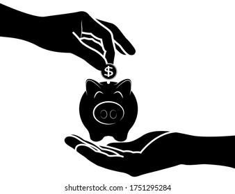 Hand holding and input a coin into the piggy bank for infographics, websites and print media, vector illustration