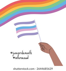 A hand holding intersexual pride flag. LGBT pride month square banner. Vector illustration for an annual celebration of gender diversity