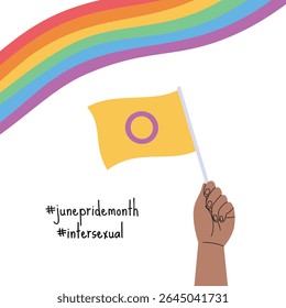 A hand holding intersexual pride flag. LGBT pride month square banner. Vector illustration for an annual celebration of gender diversity