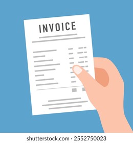Hand holding invoice receipt on blue background in flat design.