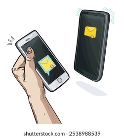 Hand holding iPhone with incoming message alert notification new mail illustration