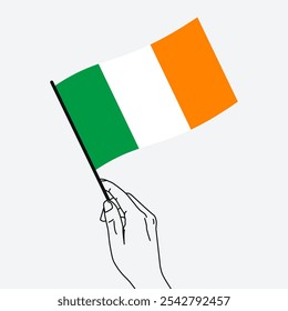 Hand, die die irische Flagge im Linienmalstil hält. Irland Hand Fahne winkt. Vektorgrafik