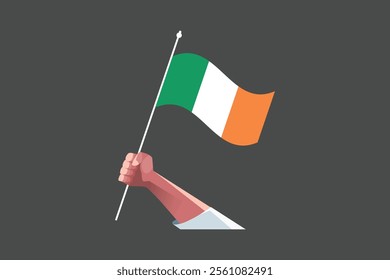 A hand holding an Ireland flag, Flag of Ireland national country symbol illustration Vector, Rectangle Ireland flag illustration, Flat vector illustration
