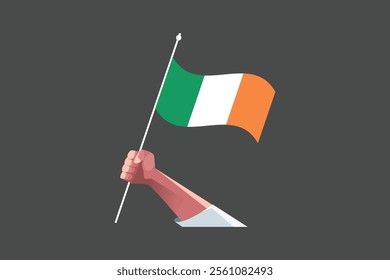 A hand holding an Ireland flag, Flag of Ireland national country symbol illustration Vector, Rectangle Ireland flag illustration, Flat vector illustration
