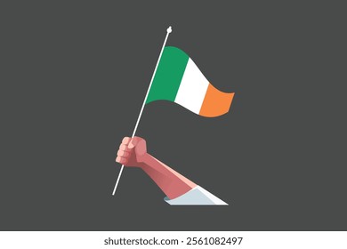 A hand holding an Ireland flag, Flag of Ireland national country symbol illustration Vector, Rectangle Ireland flag illustration, Flat vector illustration
