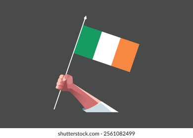 A hand holding an Ireland flag, Flag of Ireland national country symbol illustration Vector, Rectangle Ireland flag illustration, Flat vector illustration
