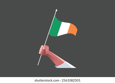 A hand holding an Ireland flag, Flag of Ireland national country symbol illustration Vector, Rectangle Ireland flag illustration, Flat vector illustration
