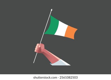 A hand holding an Ireland flag, Flag of Ireland national country symbol illustration Vector, Rectangle Ireland flag illustration, Flat vector illustration
