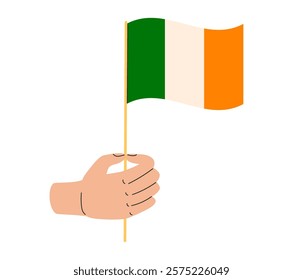 Hand holding Irish flag. Festive on St. Patrick's day. Ireland symbol. Flat Vector illustration isolated on white background 