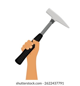 Hand holding iron hammer with black handle isolated on white background. Working tool. Vector illustration