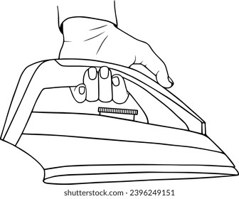 Hand holding an iron for ironing clothes, vector linear illustration, hand drawn