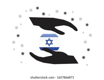 Hand holding Israel flag in cycle symbol, Protect Israeli people from coronavirus  or COVID-19 concept, Save Israel, sign symbol background, vector illustration. 
