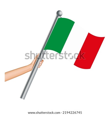 Hand holding the Italy flag, hands holding ITA flags, Italian national flag in hand. Hand-holding Italy waving and floating flag. Vector illustration.
