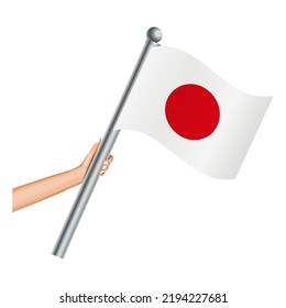 Hand holding the Japan flag, hands holding Nippon flags, Japanese national flag in hand. Hand holding Nihon waving and floating flag. Vector illustration.