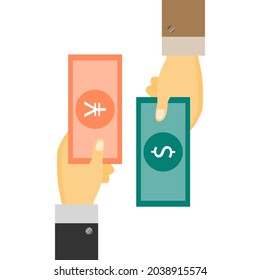 Hand holding Japan yen exchange with  us dollar. money swap, money exchange concept.