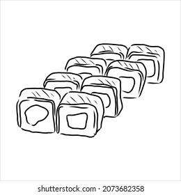 Hand holding Japanese, Chinese, Asian sushi, roll with pair of wooden chopsticks, sketch vector illustration isolated on white background. Human hand with chopsticks and sushi, roll with salmon