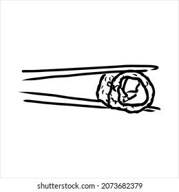 Hand holding Japanese, Chinese, Asian sushi, roll with pair of wooden chopsticks, sketch vector illustration isolated on white background. Human hand with chopsticks and sushi, roll with salmon