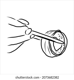 Hand holding Japanese, Chinese, Asian sushi, roll with pair of wooden chopsticks, sketch vector illustration isolated on white background. Human hand with chopsticks and sushi, roll with salmon