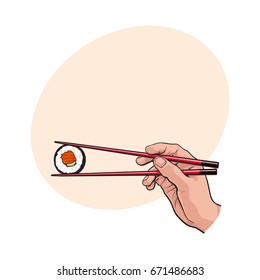 Hand holding Japanese, Chinese, Asian sushi, roll with pair of wooden chopsticks, sketch vector illustration with space for tex. Human hand with chopsticks and sushi, roll with salmon