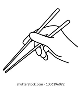 Hand holding japanese chopsticks. Vector outline icon isolated on white background.