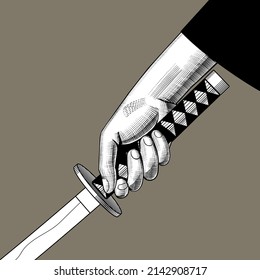 Hand holding an Japanese sword katana. Vintage engraving stylized drawing. Vector illustration