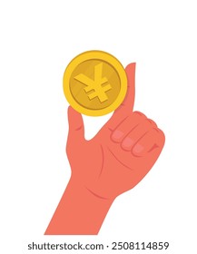 Hand holding a japanese yen coin. business or financial vector illustration graphic asset. stock illustration