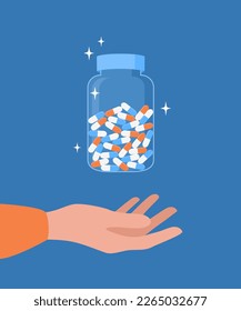 A hand holding a jar with capsules on a blue background. Vector illustration in flat style