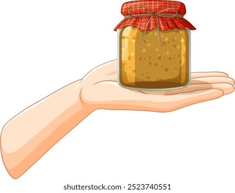 A hand holding a jar of honey