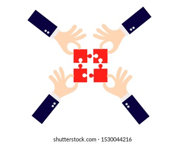 Hand holding jigsaw pieces that fits together perfectly isolated on white background.