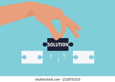 Mano sosteniendo un rompecabezas con la palabra solución. Hay un rompecabezas a su lado. El concepto de resolver problemas, todos los problemas se pueden resolver, la conexión