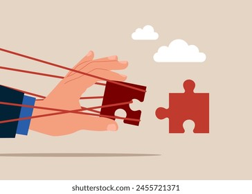 Hand holding a jigsaw puzzle trying to connect with full effort. Business difficulty or struggle with career to overcome to success. Symbol of working together, cooperation, partnership.  Flat vector 