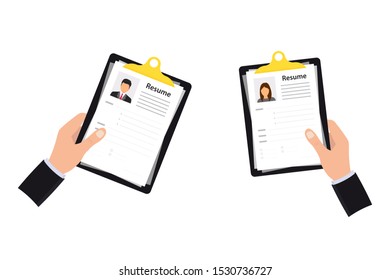 Hand holding Job application. CV papers. Human resources management concept, searching professional staff, analyzing resume papers, work. Selecting staff. Business resume.Searching professional staff