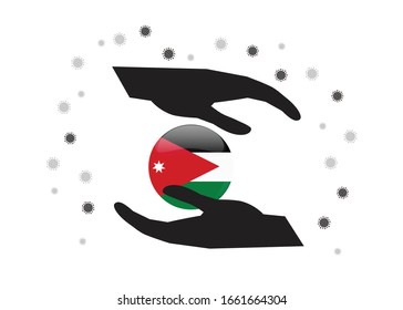 Hand holding Jordan flag in cycle symbol, Protect Jordanian people from coronavirus  or COVID-19 concept, Save Jordan, sign symbol background, vector illustration. 