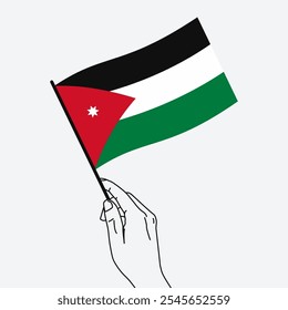 Hand holding Jordan flag in line art drawing style. Jordan hand Flag waving. Vector illustration