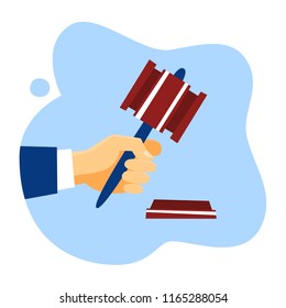 Hand holding judge or auction hammer. Wooden gavel used for verdict. Isolated vector illustration