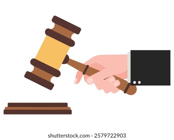 Hand Holding Judge Gavel in Flat Design Cartoon