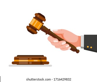 hand holding judge gavel, wooden hammer symbol for law and justice in cartoon flat illustration vector isolated in white background