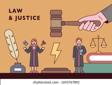 A hand holding a judge stick. Lawyer judge characters. A poster composed of trial-related objects. flat design style minimal vector illustration.