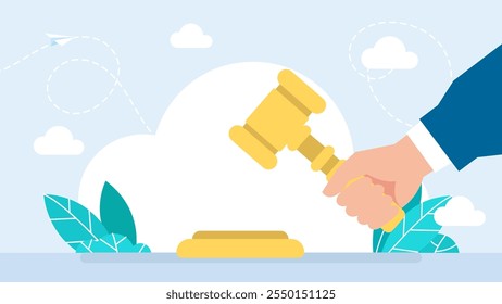 Mano sosteniendo el mazo de los jueces. Subasta del juez Hammer, corte. Martillo ceremonial judicial del presidente en la mano con un mango de figura, para la aprobación de sentencias y proyectos de ley, corte. Ilustración vectorial