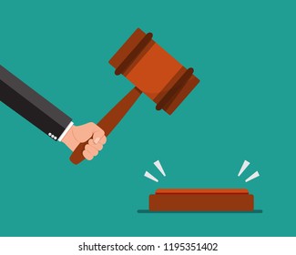 Hand holding judges gavel . Vector illustration.