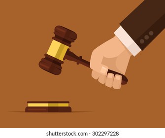 Hand holding judges gavel. Vector flat cartoon illustration