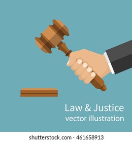 Hand holding judges gavel. Vector illustration flat style design. Symbol of law and justice. Businessman in a suit holds an auction.