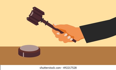 Hand holding judges gavel. Vector flat cartoon illustration