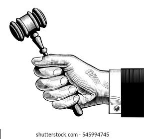 Hand Holding Judges Gavel. Vintage Engraving Stylized Drawing.  Vector Illustration