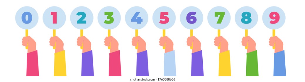 Hand holding Judges marks. Competition scores or feedback. Voting  concept. . Vector illustration