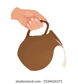 Hand holding a jug from which milk or cream is pouring, cartoon icon