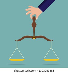 Hand holding justice scale in a flat design.