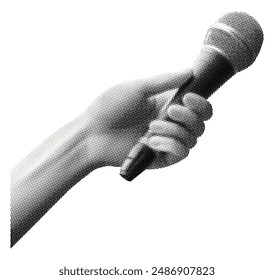 hand holding karaoke journalist microphone isolated on white background retro halftone dotted effect vintage grunge cut-out collage element pop art style sticker for mixed media design